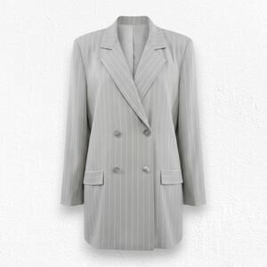 Vintage Beige Pinstripe Blazer Double Breasted 80s USA Longline Jacket Size 12